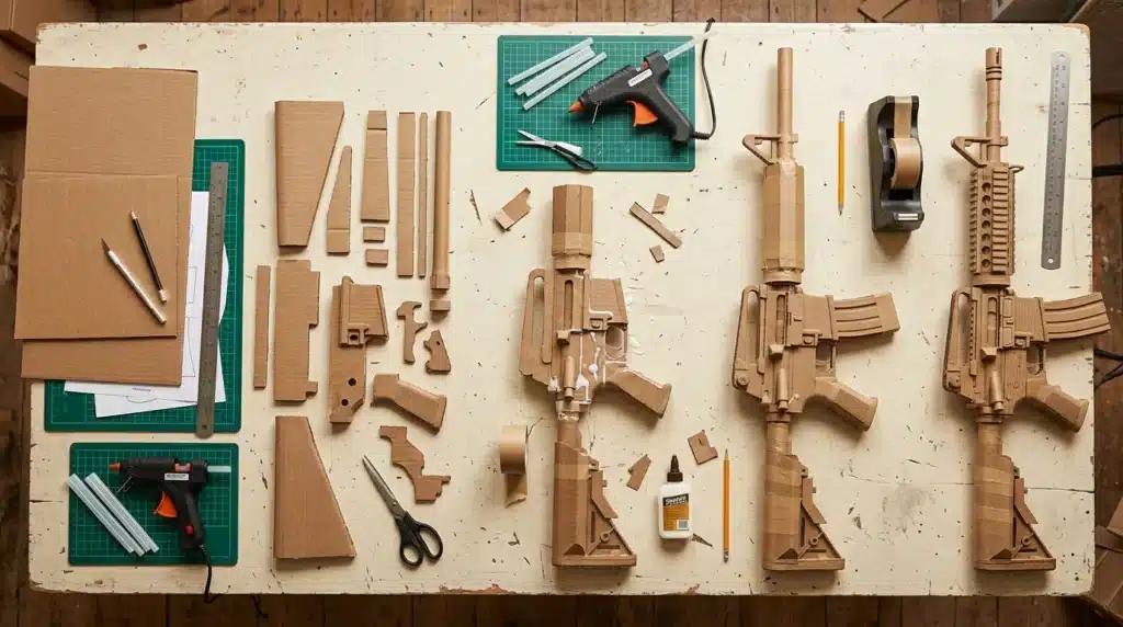Table de travail avec pièces de carton et outils d'assemblage