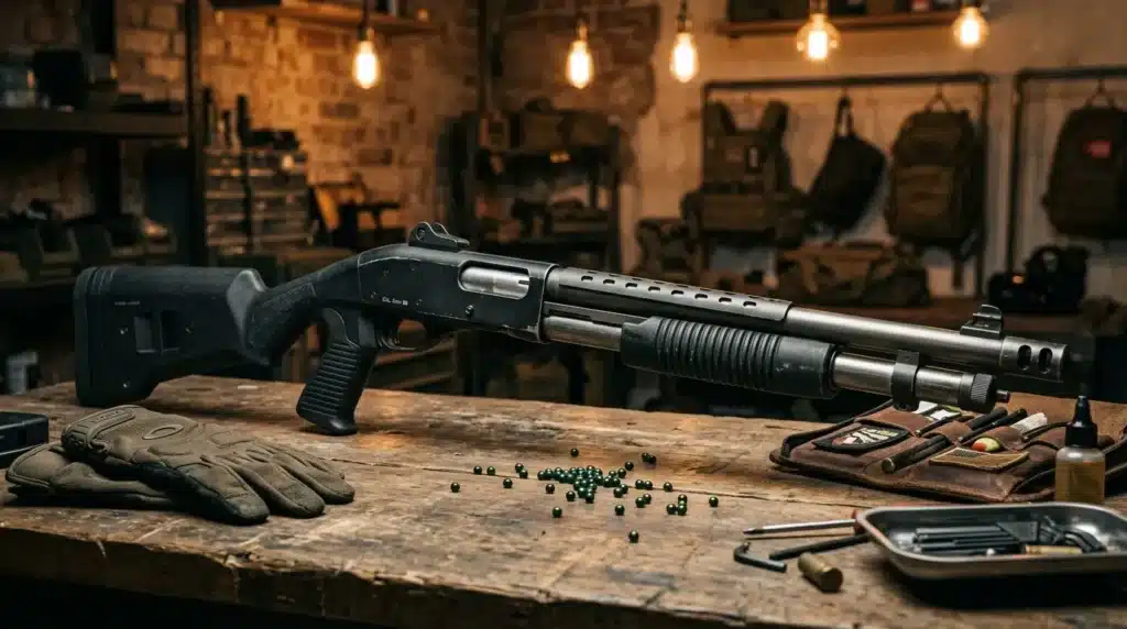 Fusil de chasse avec munitions et accessoires sur établi