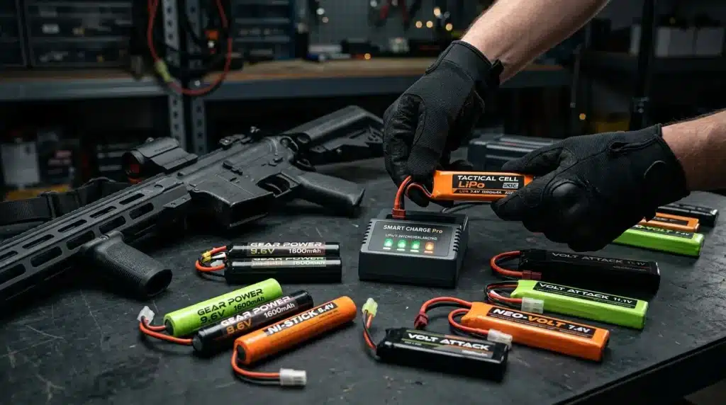 Technicien tenant batterie LiPo airsoft avec équipement