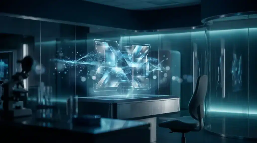 Interface holographique brillante dans un bureau technologique moderne