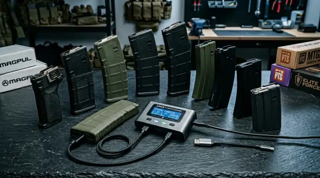 Chargeur intelligent entouré de plusieurs magazines noirs et verts