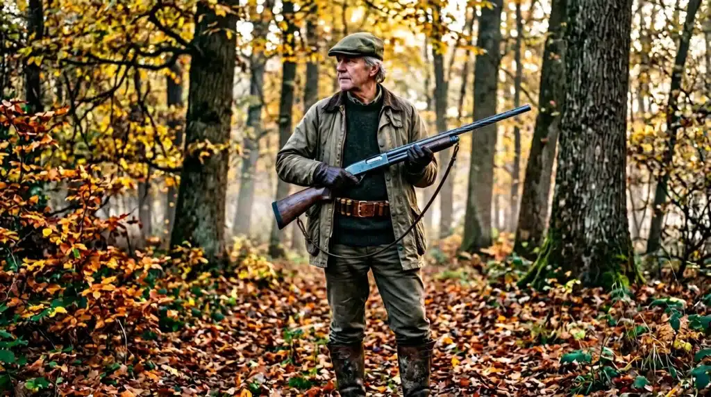 Homme chasseur avec fusil en forêt d'automne