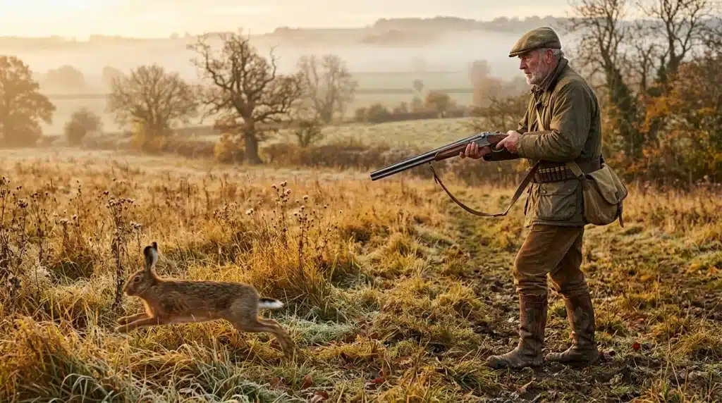 Chasseur avec fusil et chien dans champ automnal brumeux
