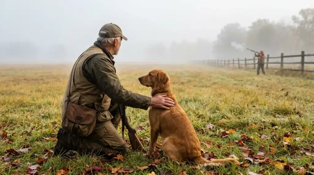Chasseur caressant son chien roux dans un champ brumeux automnal
