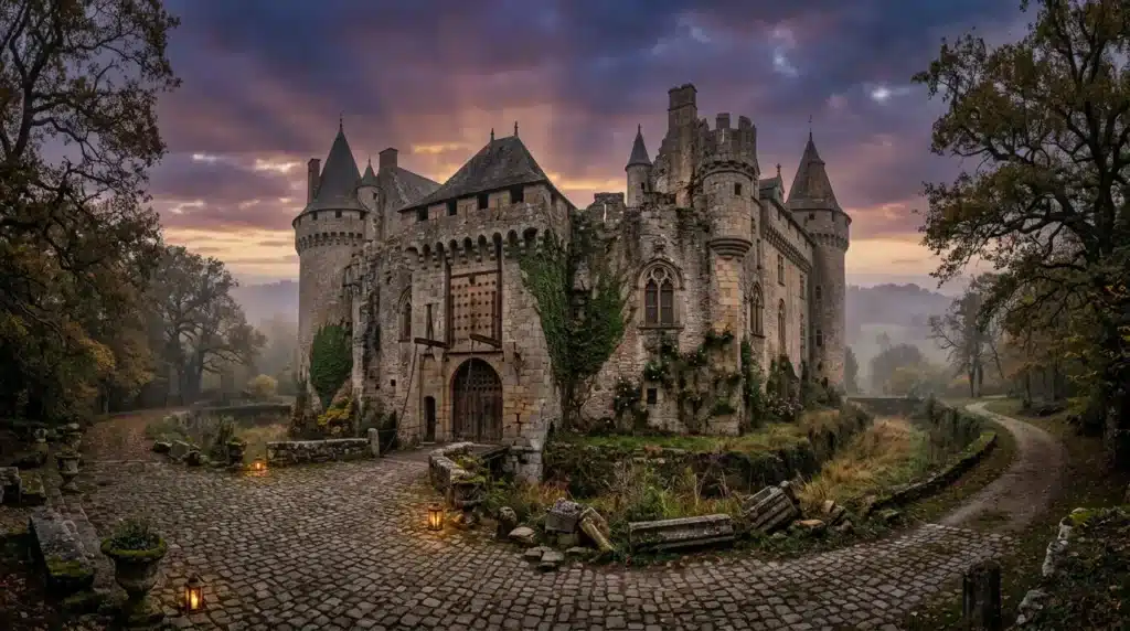Ancien château de pierre avec tours et douves au coucher de soleil