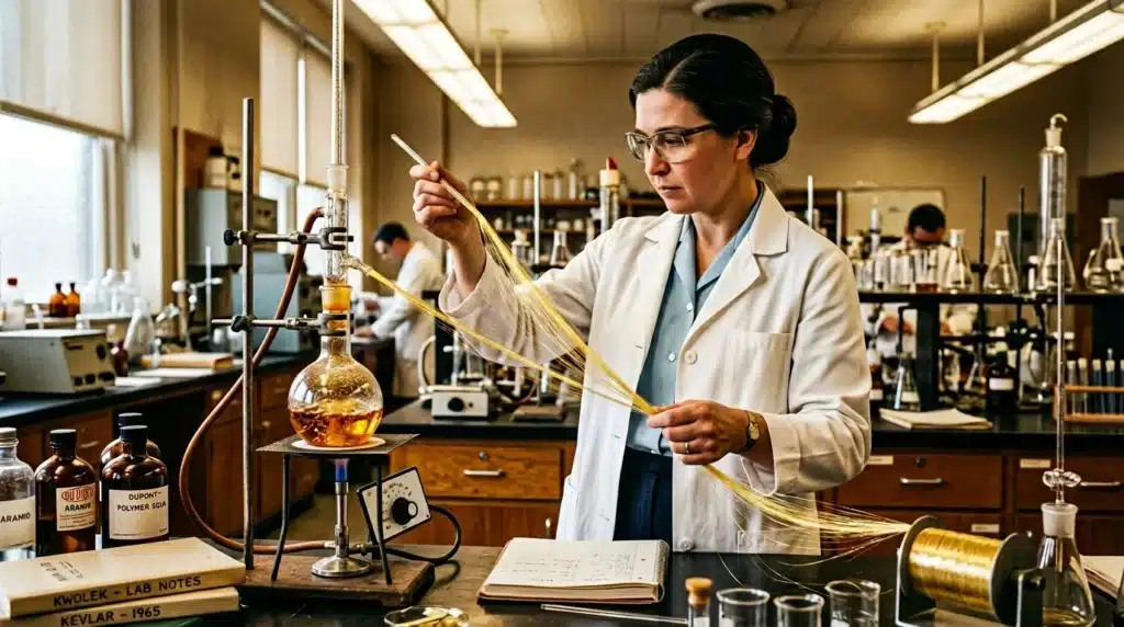 Scientifique manipulant un polymère doré dans un laboratoire