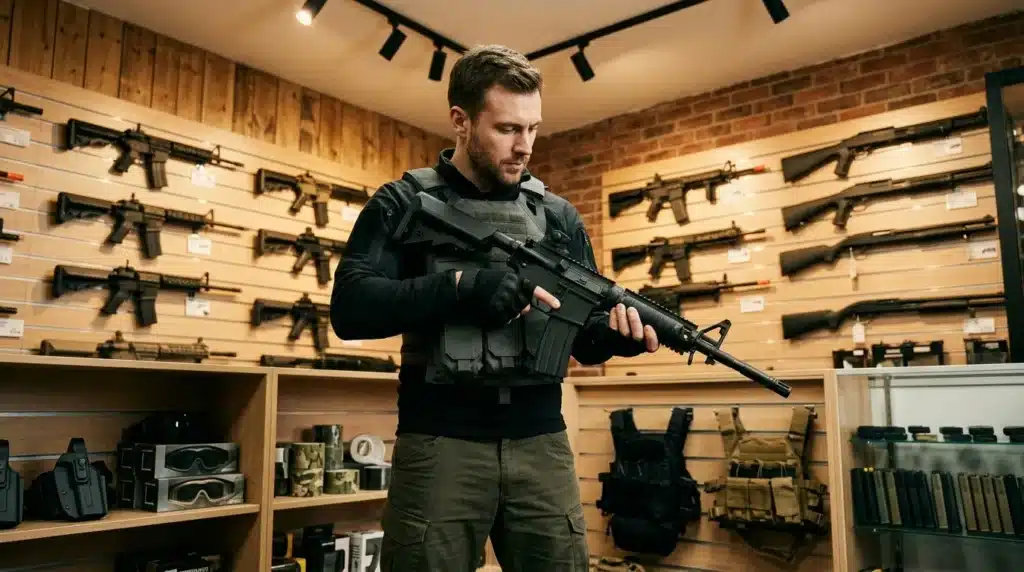 Homme inspecte un fusil d'assaut dans un magasin d'armes