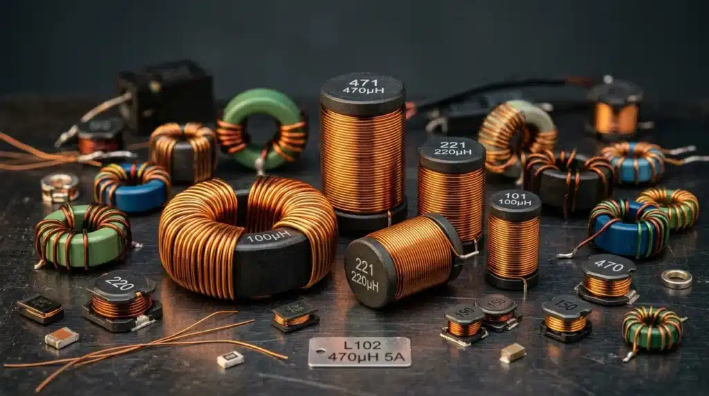 Collection de bobines d'inductance et composants électroniques colorés.