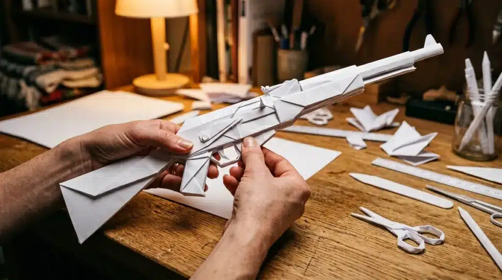 Mains pliant du papier blanc pour former un fusil miniature