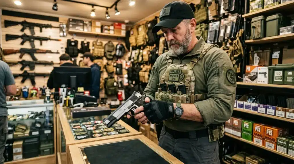Vendeur présentant un pistolet airsoft dans boutique équipements tacticaux