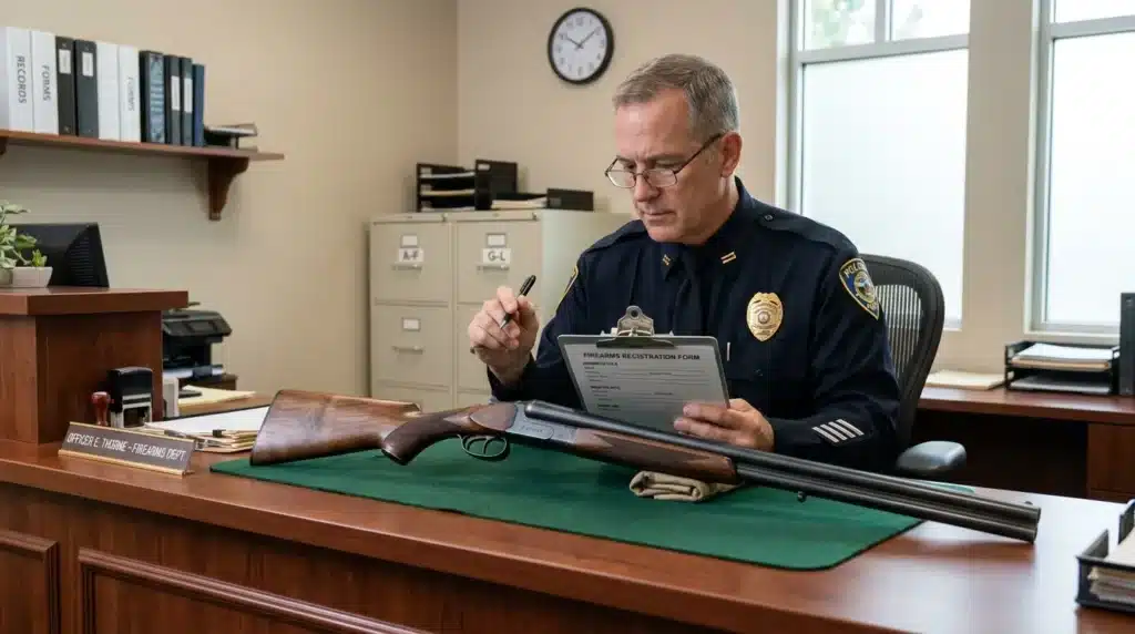 Officier de police complétant formulaire d'enregistrement d'arme