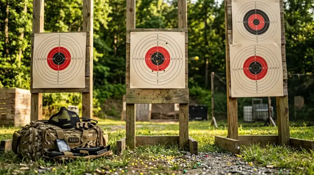 Trois cibles de tir avec impacts de balles sur terrain d'entraînement