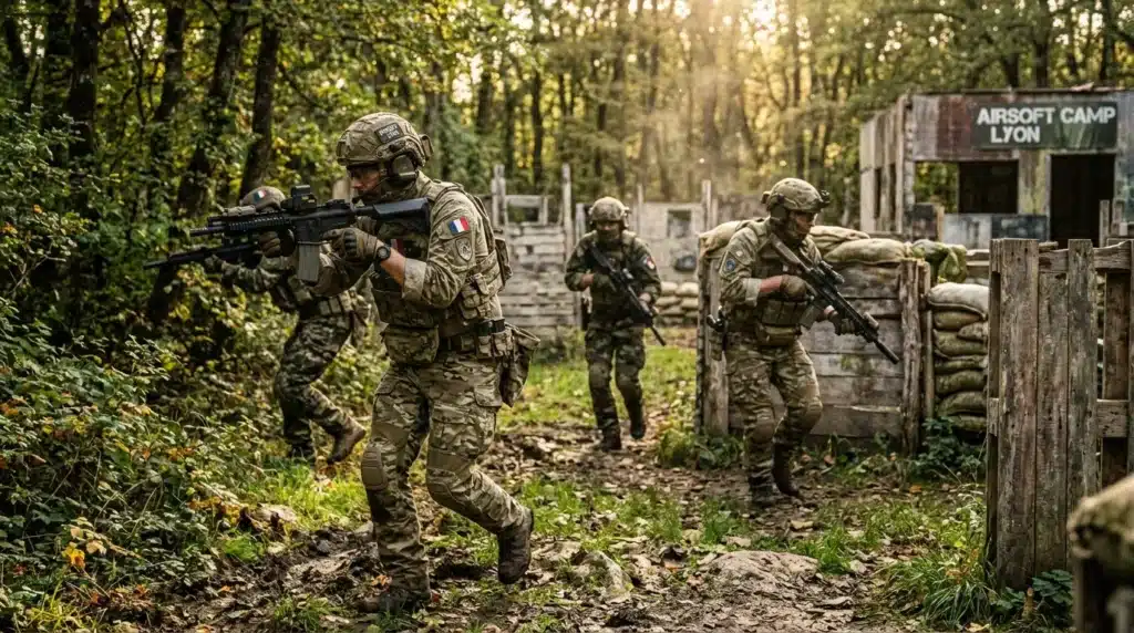 Soldats en équipement militaire lors d'un entraînement tactique en forêt