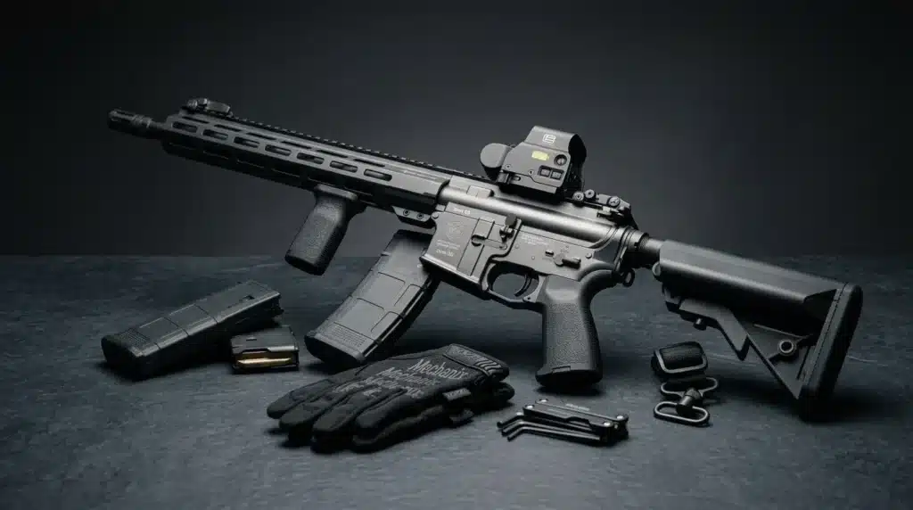 Fusil noir avec lunette, chargeurs, munitions et équipement