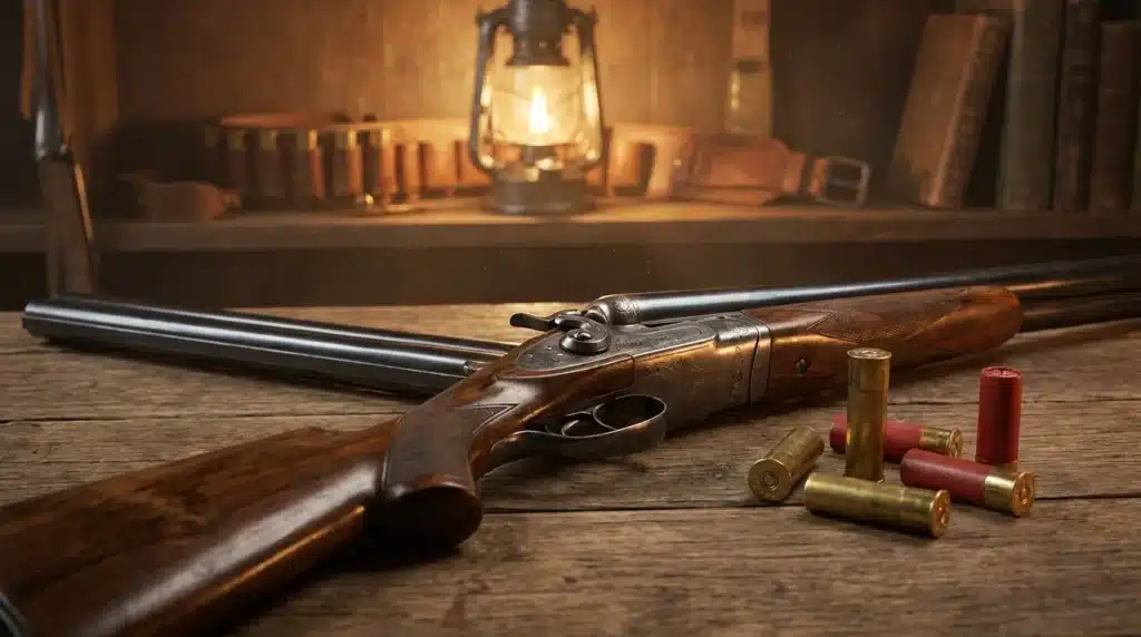 Fusil de chasse vintage avec cartouches sur table en bois