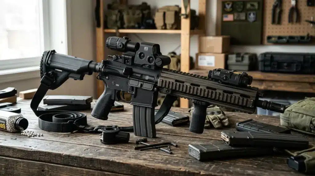 Fusil tactique noir avec accessoires, munitions et équipement militaire sur établi