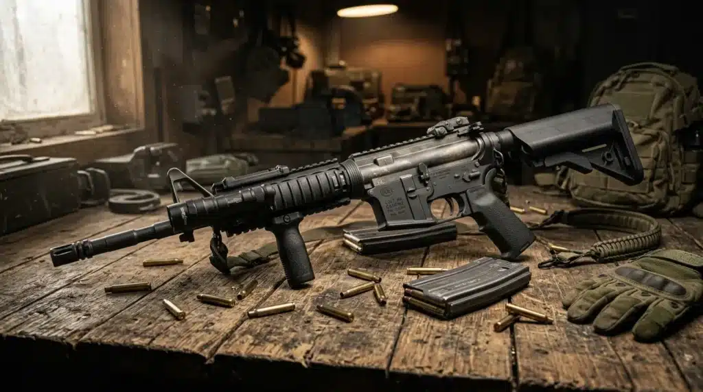 Fusil AR-15 avec munitions et équipement tactique sur table