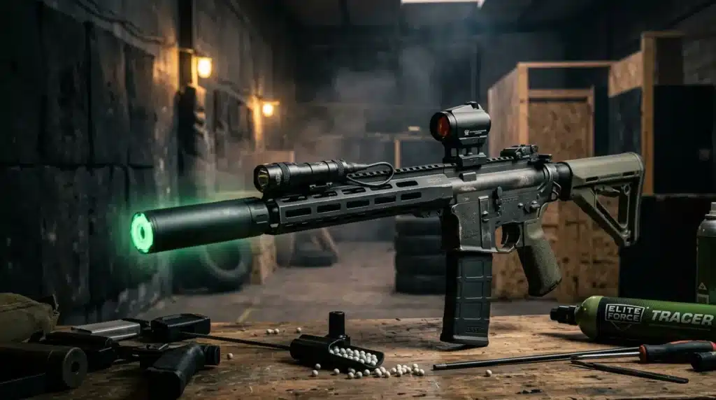 Fusil AR-15 équipé silencieux vert brillant entrepôt nuit