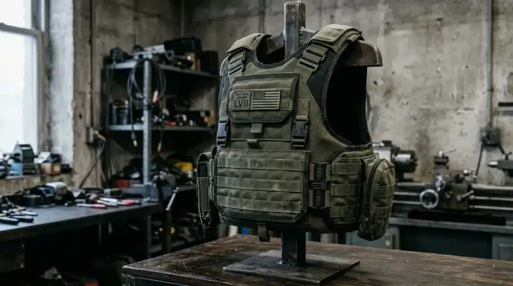 Gilet pare-balles tactique kaki sur support en atelier industriel
