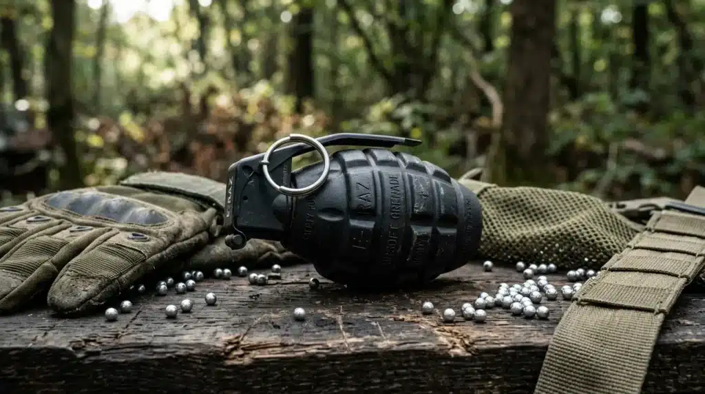 Grenade militaire noire avec billes de métal sur bois