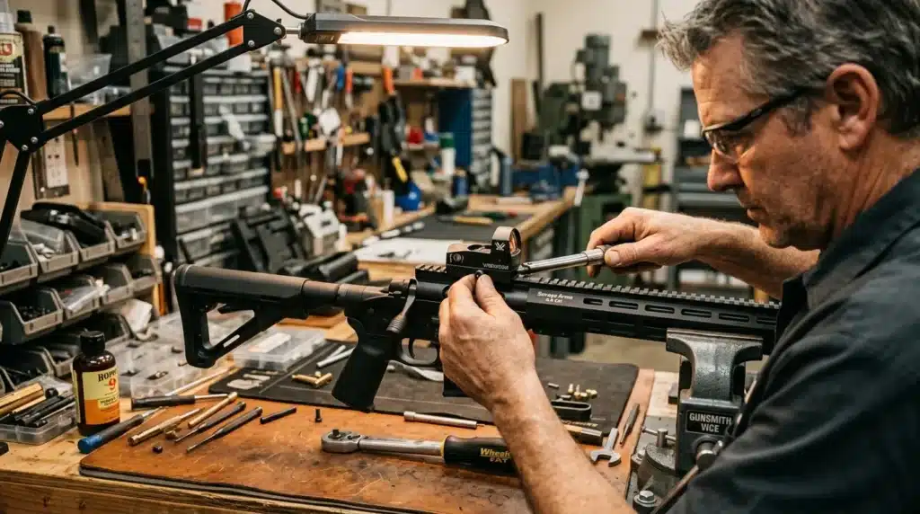 Gunsmith adjusting scope on rifle in workshop