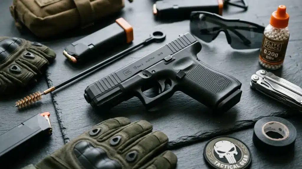 Pistolet noir entouré de gants, munitions et équipement