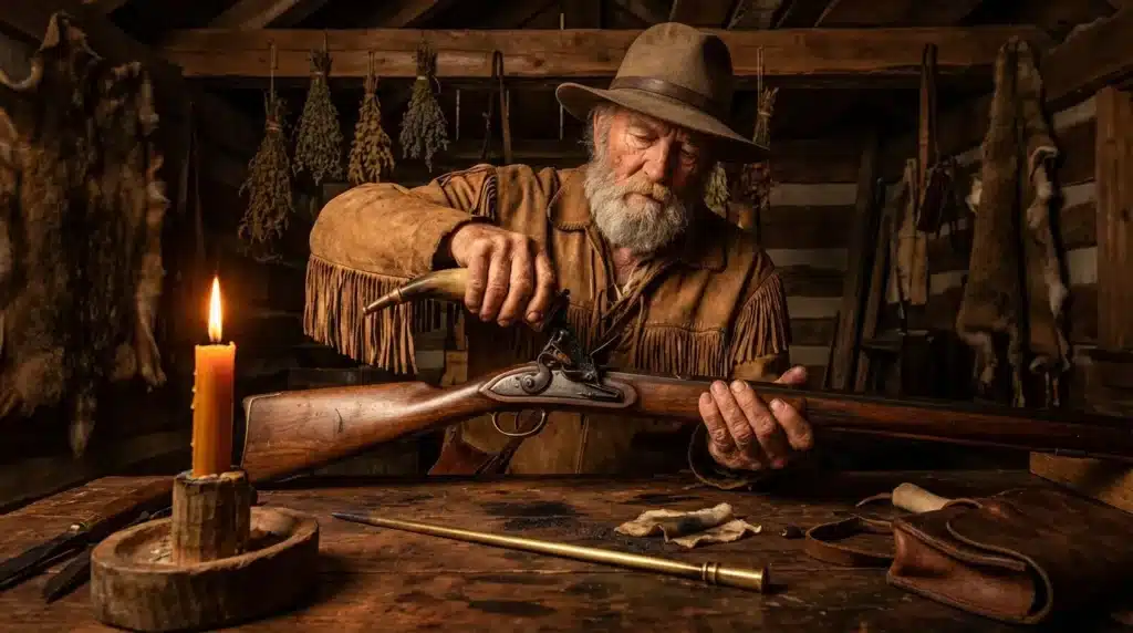 Homme avec fusil ancien dans atelier rustique éclairé chandelle