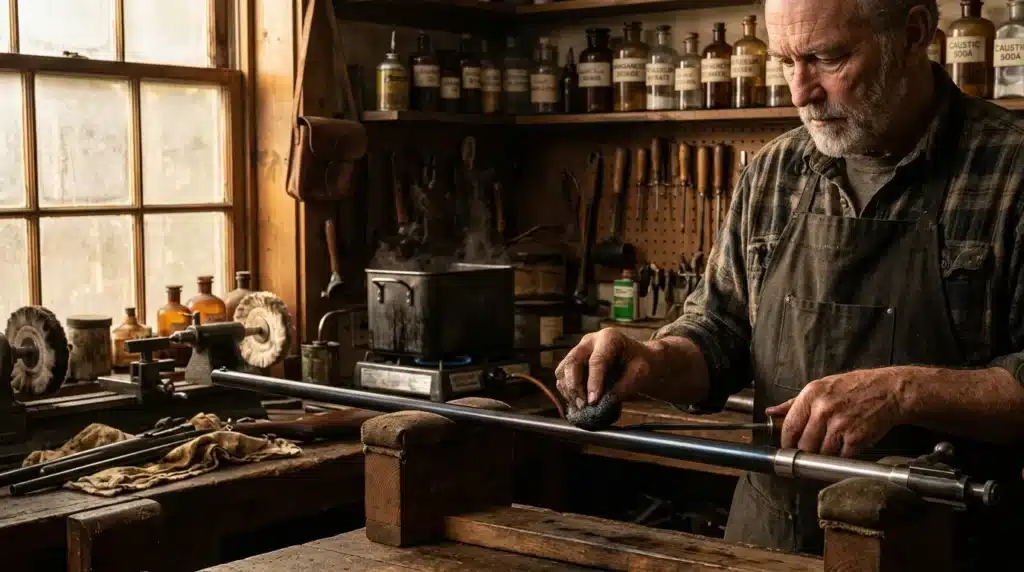 Artisan en atelier affûtant un long tube métallique