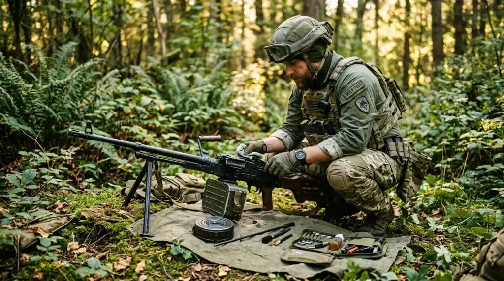 Soldat entretient mitrailleuse en environnement boisé
