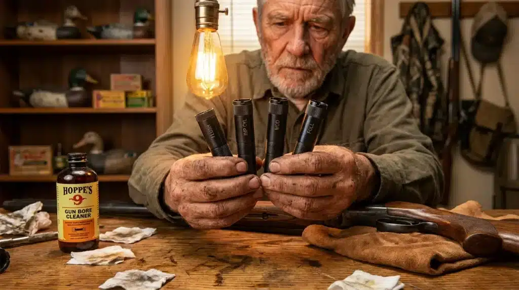 Homme âgé nettoyant des cartouches avec produit spécialisé