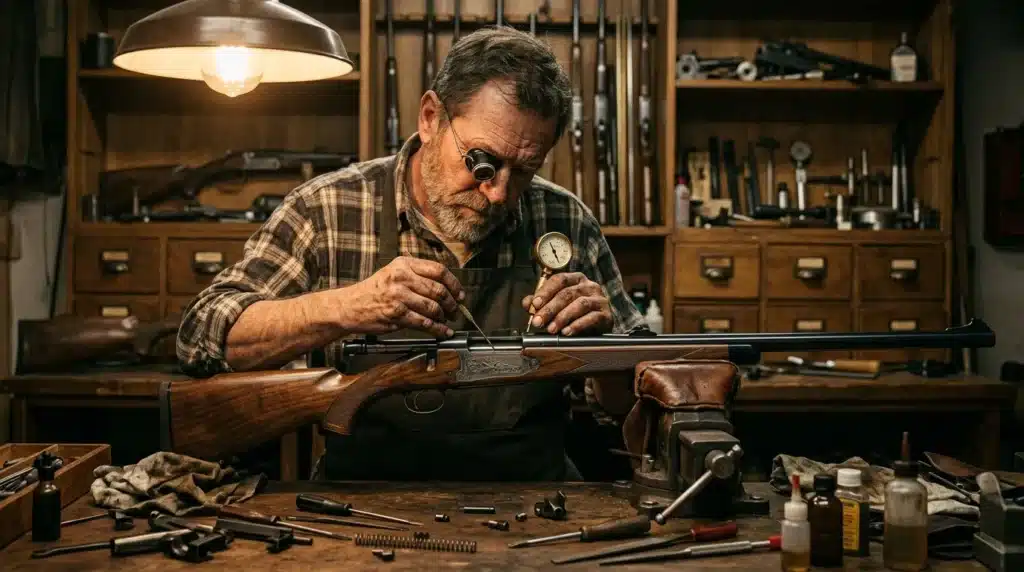 Artisan âgé répare une arme de précision en atelier