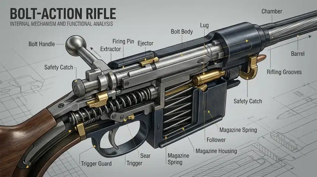 Schéma détaillé des composants internes d'un fusil à verrou