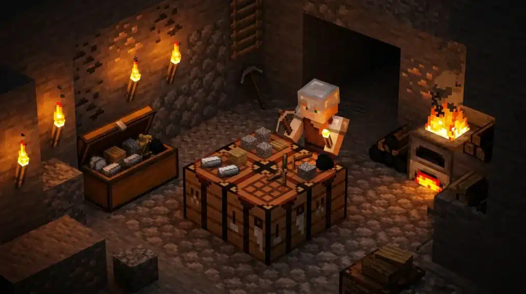 Personnage Minecraft explorant une mine souterraine illuminée
