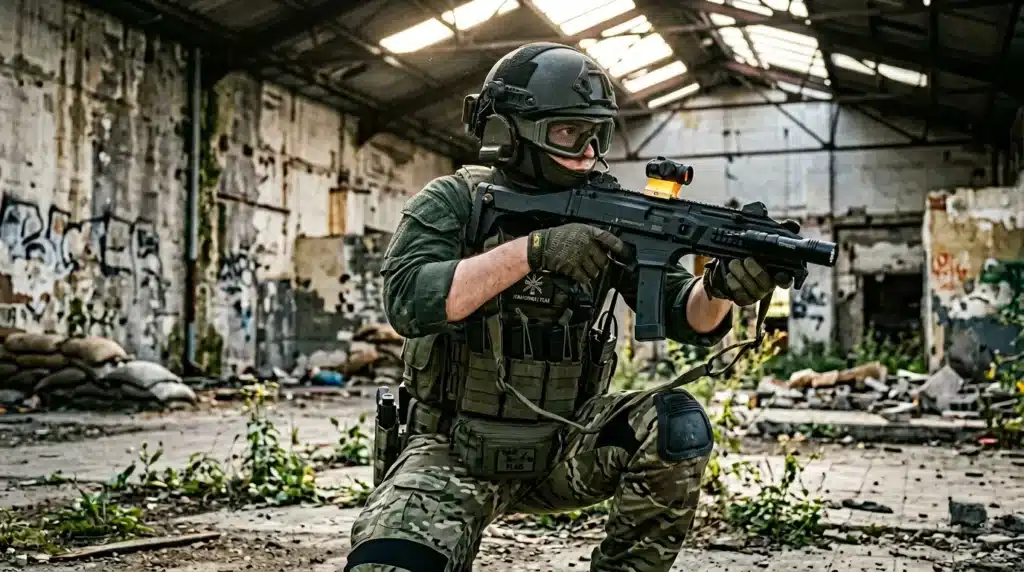 Soldat armé en tenue de combat dans bâtiment abandonné