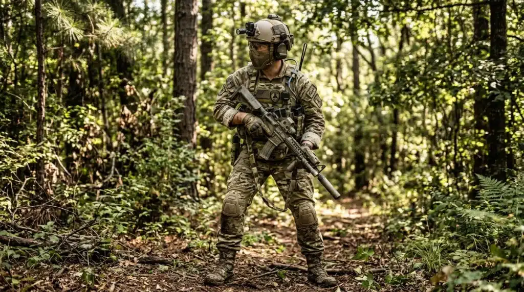 Soldat armé en tenue tactique patrouille en forêt