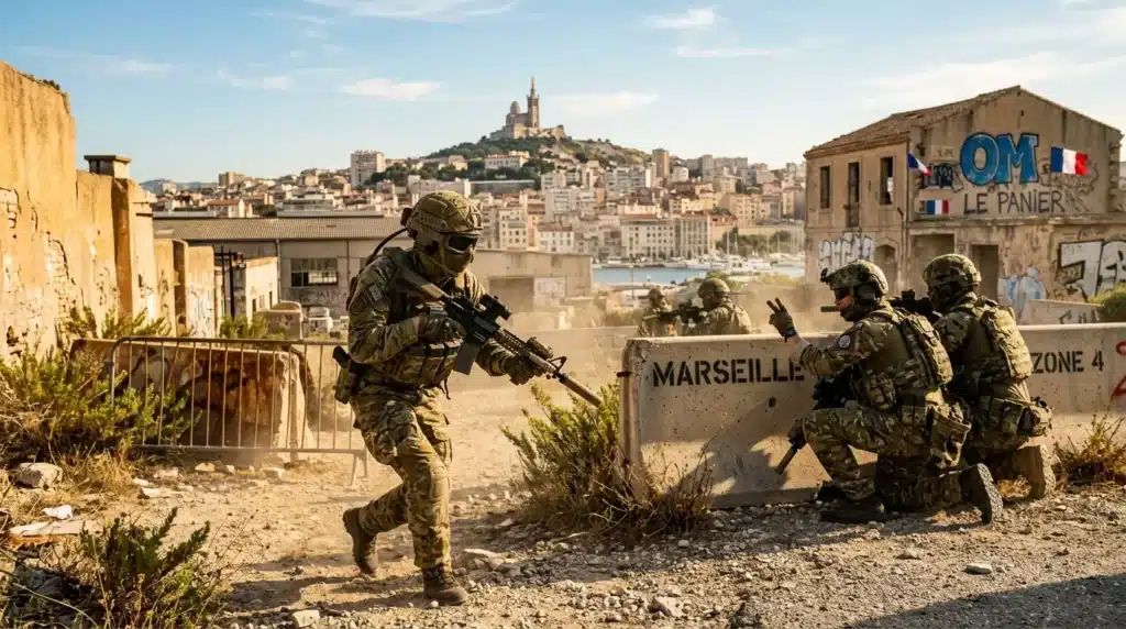 Soldats en intervention tactique à Marseille avec basilique en arrière-plan