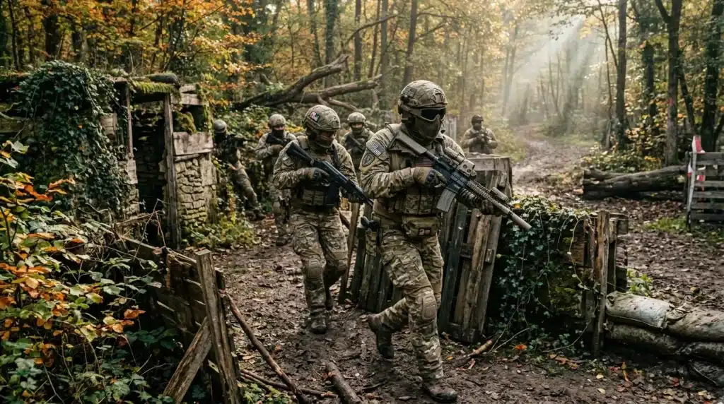 Soldats armés patrouillent dans une forêt automnale