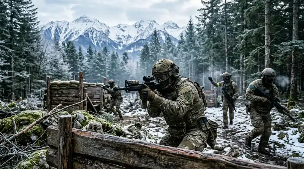 Soldats en tenue tactique dans forêt alpine avec montagnes enneigées