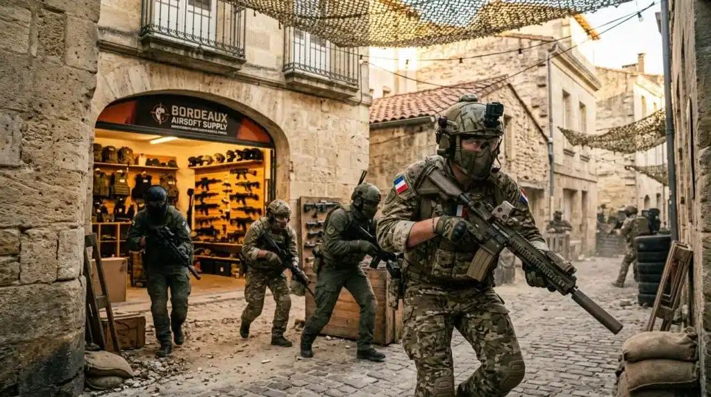 Soldats armés patrouillant dans une rue pavée médiévale