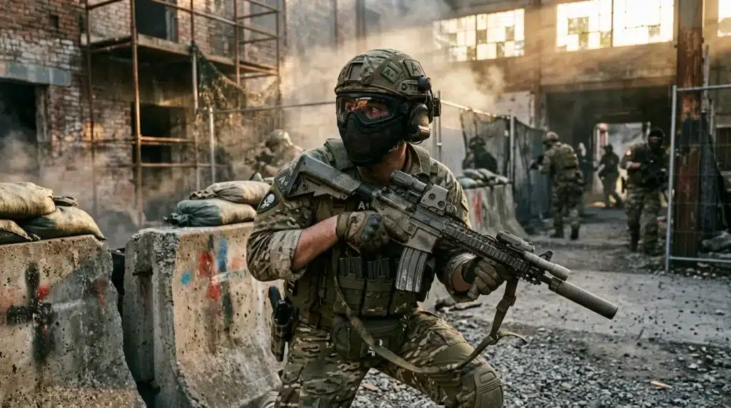 Soldat armé en tenue tactique dans une zone de conflit urbaine