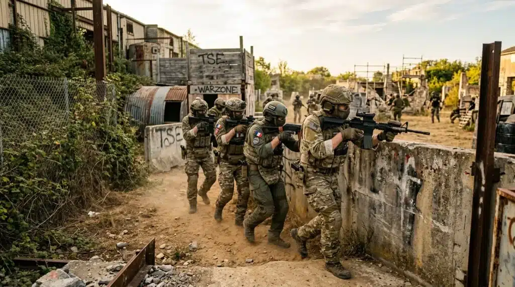 Soldats armés en formation tactique dans un environnement urbain dégradé