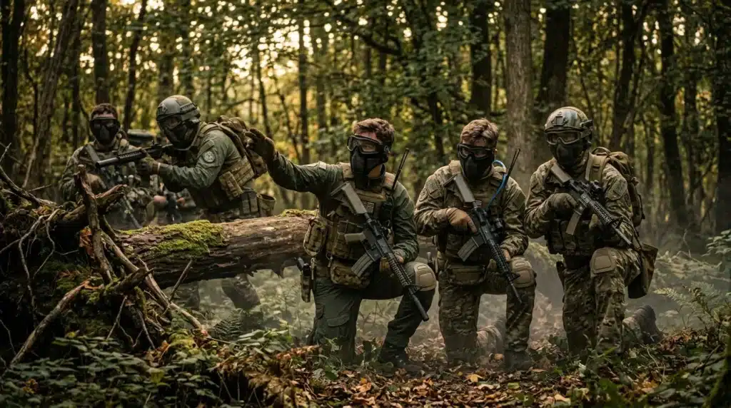 Équipe militaire en formation dans une forêt densement boisée