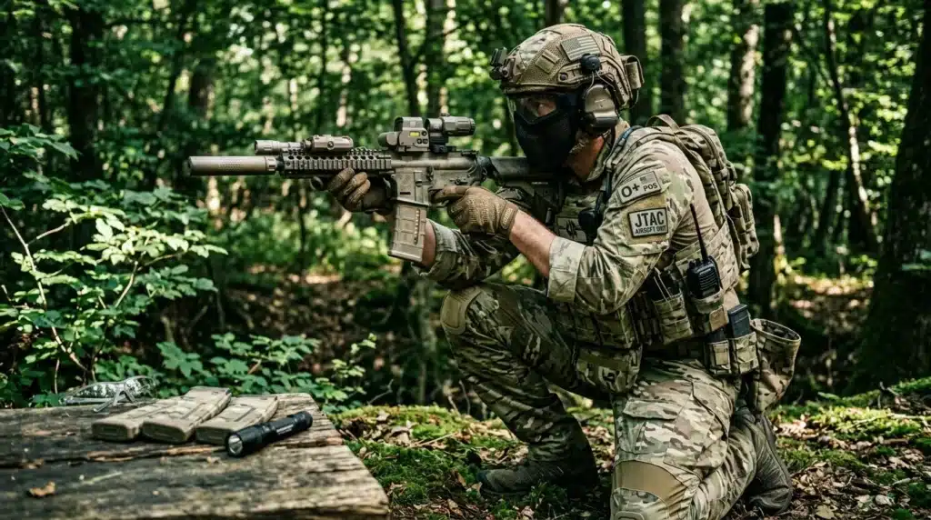 Soldat armé en tenue de combat dans une forêt dense