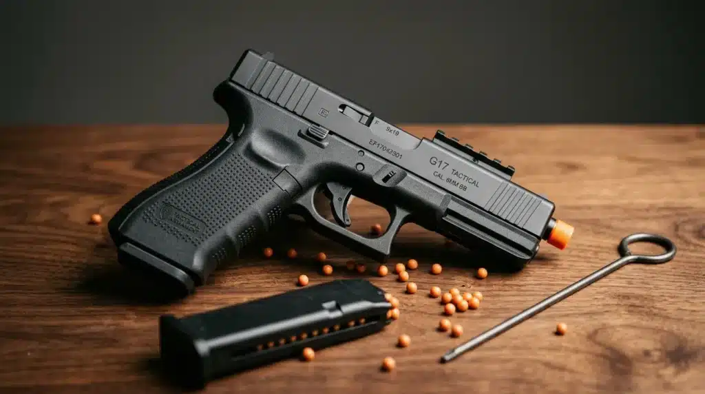 Pistolet airsoft noir avec munitions oranges et accessoires