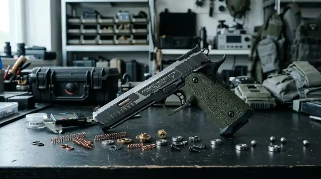 Pistolet démonté avec ressorts, engrenages et composants mécaniques