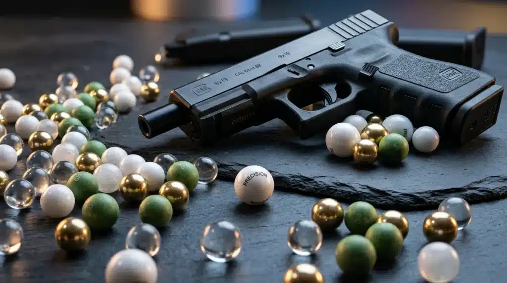 Pistolet noir entouré de billes colorées sur surface grise