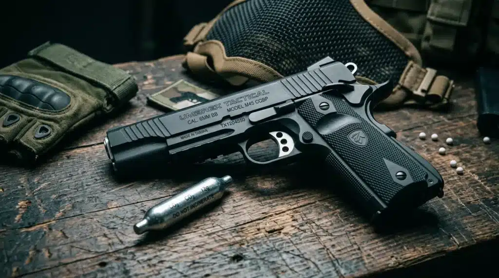 Pistolet semi-automatique noir avec munitions et équipement tactique