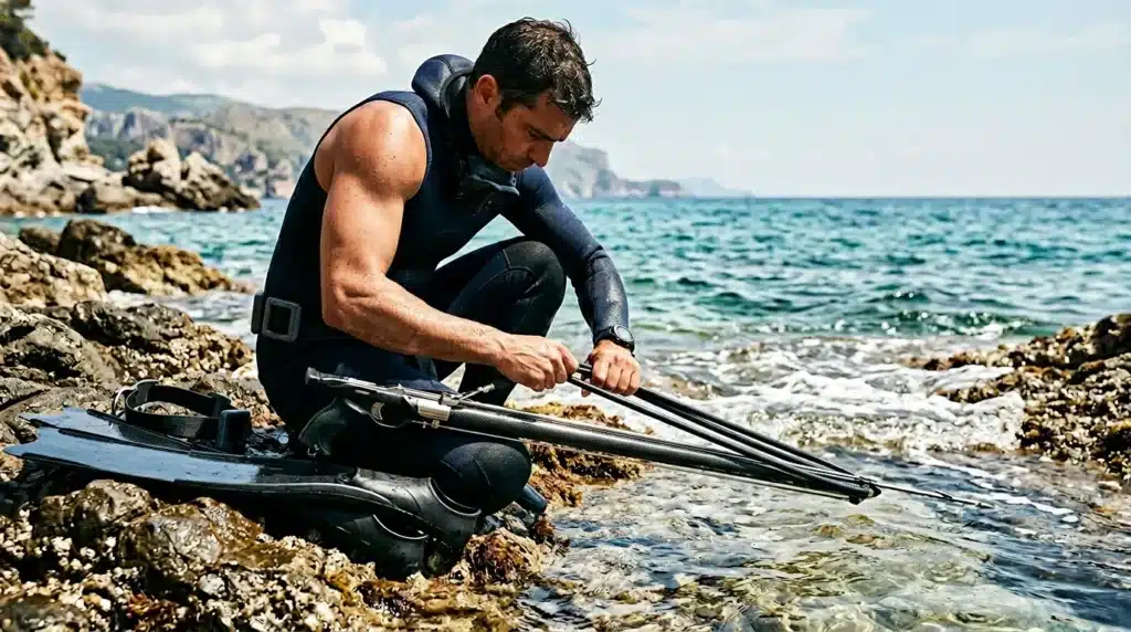 Plongeur en combinaison ajustant son fusil harpon côtier