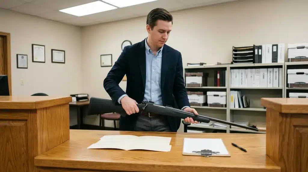 Homme en costume présente un fusil dans un tribunal