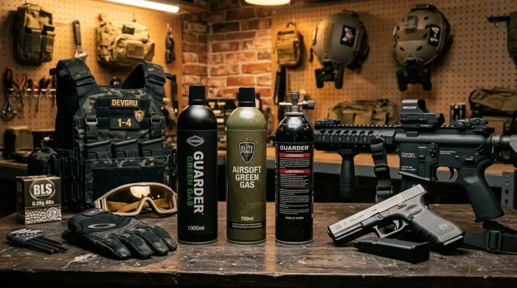 Arsenal airsoft avec fusils, gaz, protection et accessoires tactiques